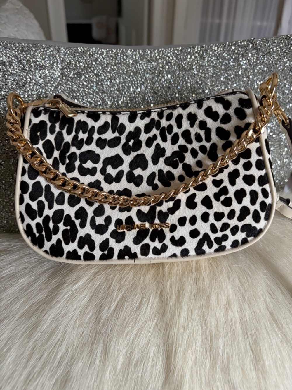 Michael Kors Black and White Leopard-Print Shoulder Bag with Gold Chain Strap